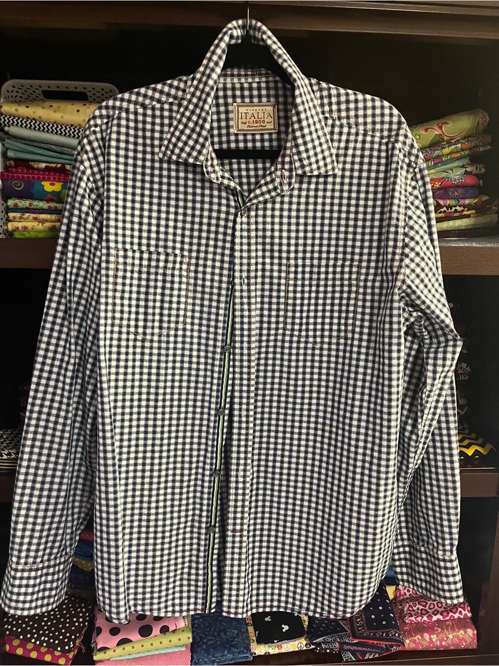 Italina Men’s Navy & White Gingham Button-Down Shirt